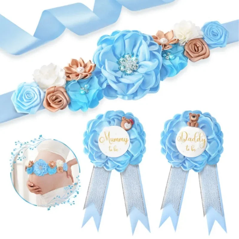 Flower Sash Set – Baby Shower Mom to Be, Daddy to Be, Ansteckblume – Blumenband für Umstandskleid, Foto-Requisiten حزام  Пояс Cinturón