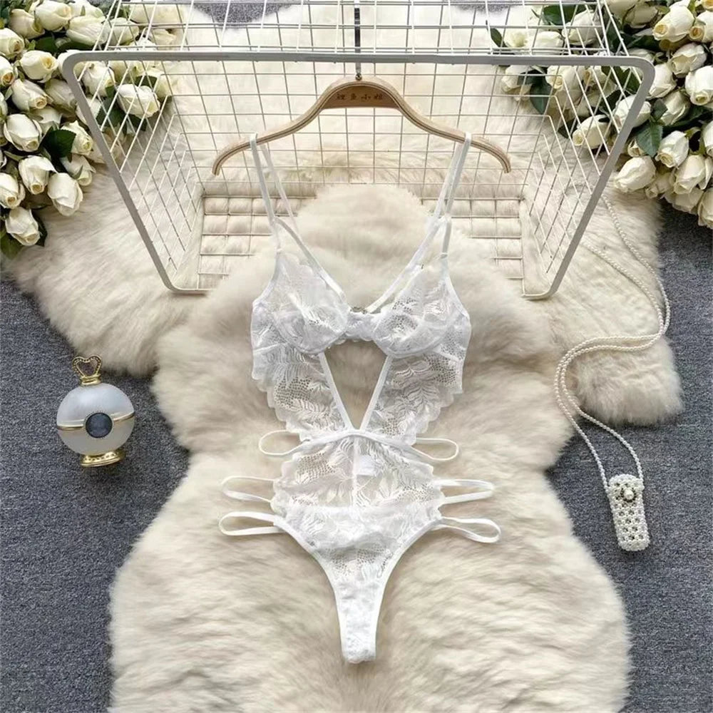 Sexy Cute Sweet Lace Backless Jumpsuit Women Slim Fit Bodysuit Girl Strap Bow knot Cosplay Hot Sweet Bow Ribbon Lingerie Dress