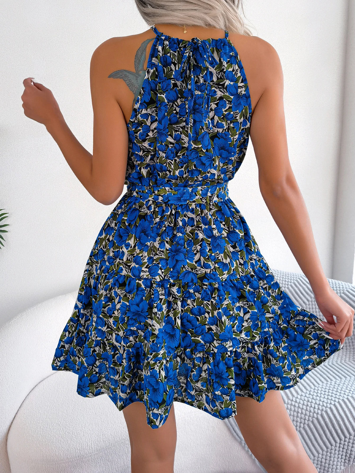 Casual Halter Ruffle Hem Sleeveless A-line Floral Print Dress For Women Summer