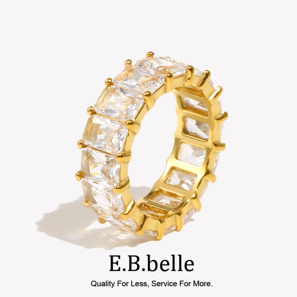 E.B.belle Tarnish Free 18K Gold Plated Shiny Square Zircon Ring 316L Stainless Steel Transparent Waterproof Women's ring