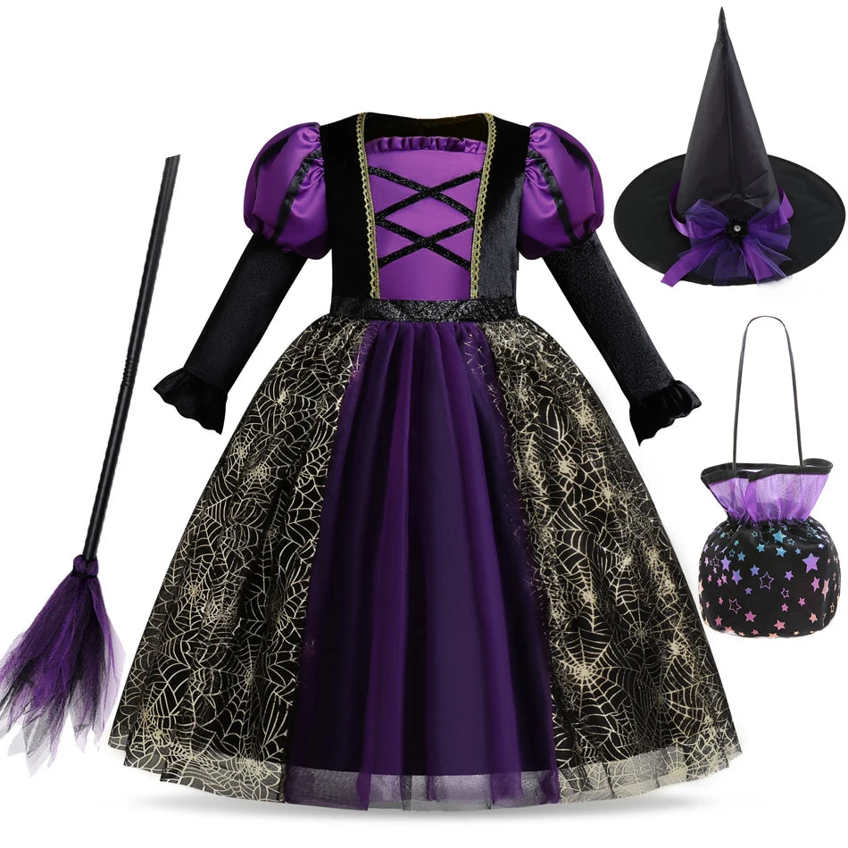 Halloween Costume Witch Cosplay Girls Kids Ghost Gothic Black Dress for Girl Carnival Party Princess Clothing