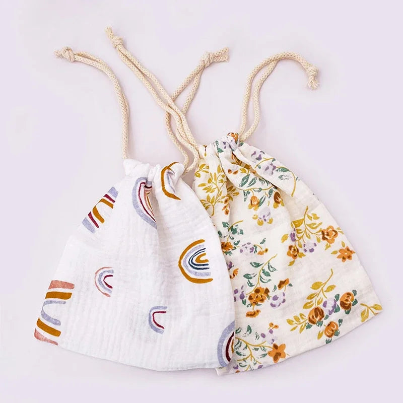 Natural Cotton Mommy Storage Bags Outdoor Baby Diaper Carrier Cute Sunshine Rainbow Printing Drawstring Pouches 27x25cm
