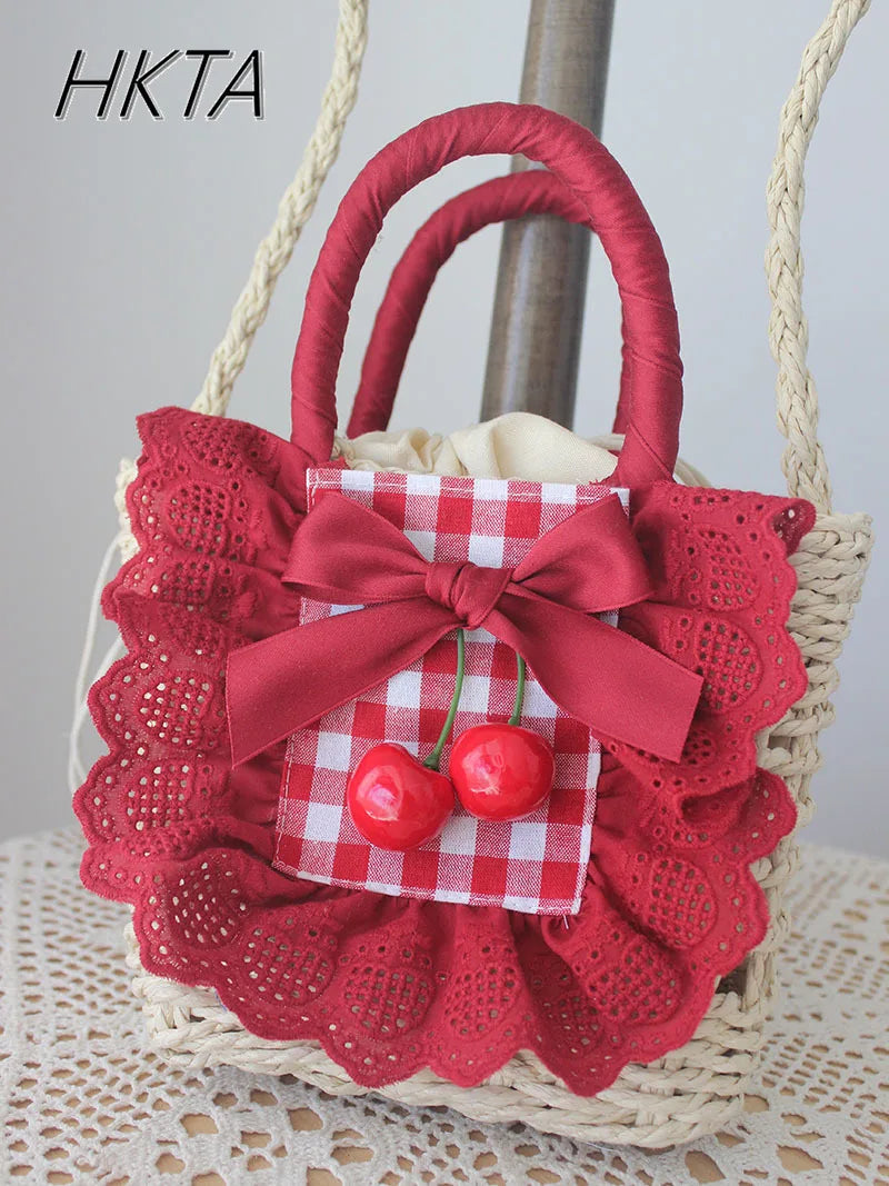 Lolita Sweet Plaid Bow Burgundy Hair Clip Hair Accessories Women Embroidery Lace Stitching Pleated Cake Top Hats Headgear Female
