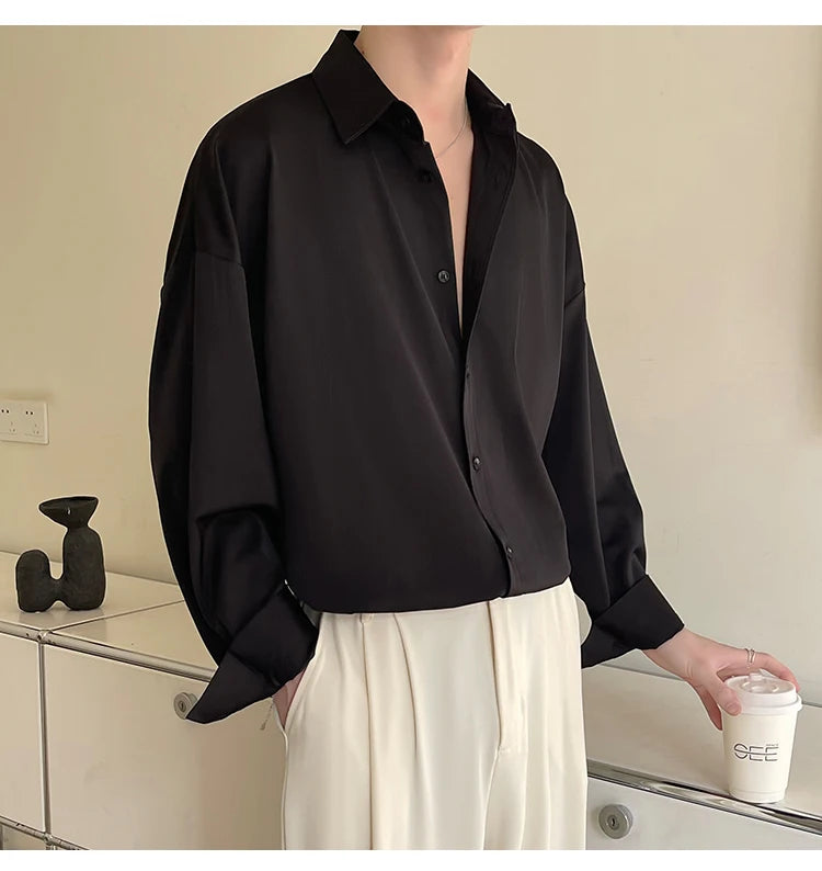 White Long Sleeved Shirt Men Oversized Fashion Social Mens Dress Shirt Korean Loose Ice Silk Shirt Mens Office Formal Shirts