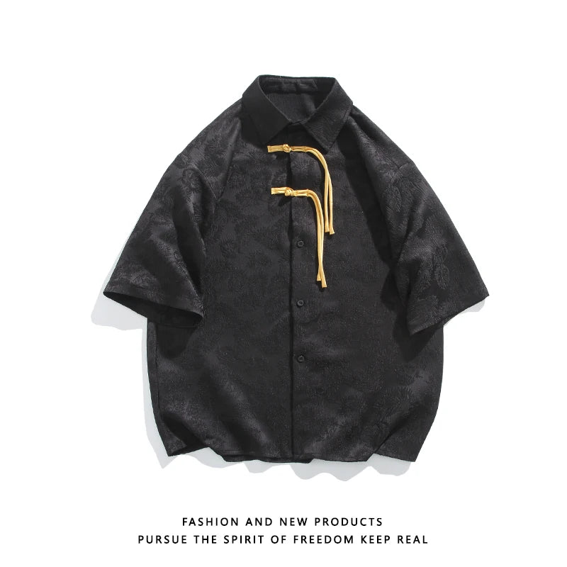 2024 Men Chinese Style Shirt Mens Tang Dress Hanfu Half-Sleeve Shirt Male Printing Kung Fu Outfit Loose Casual Tops