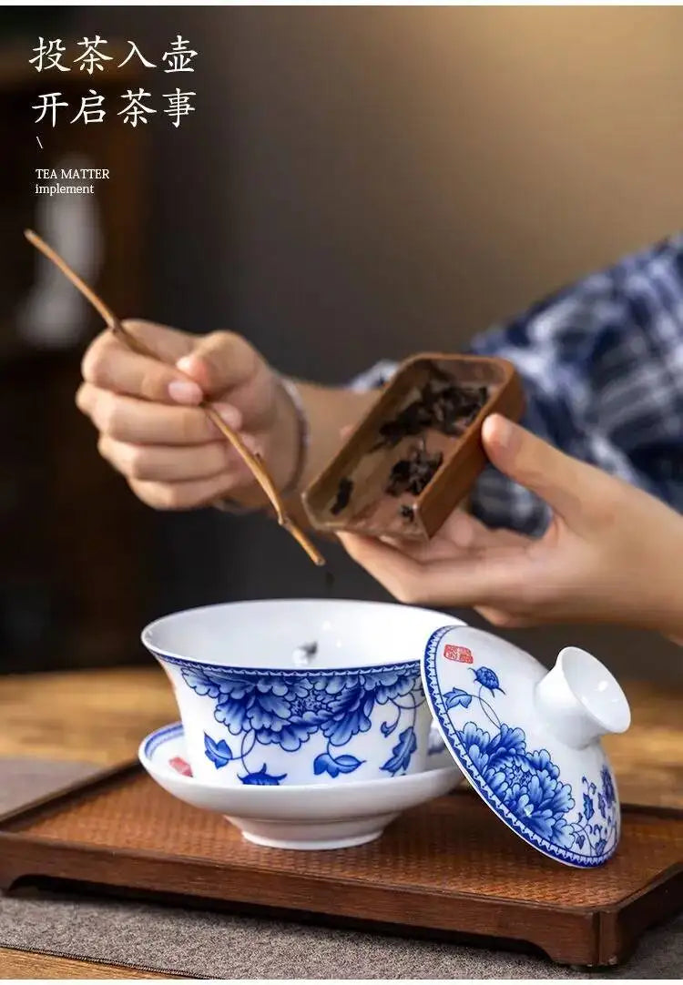 Blue and White Porcelain Gaiwan Tea Cup Large White Porcelain Ningxia Eight Treasures Tea Bowl Set Three Talents Tea Bowl Tea