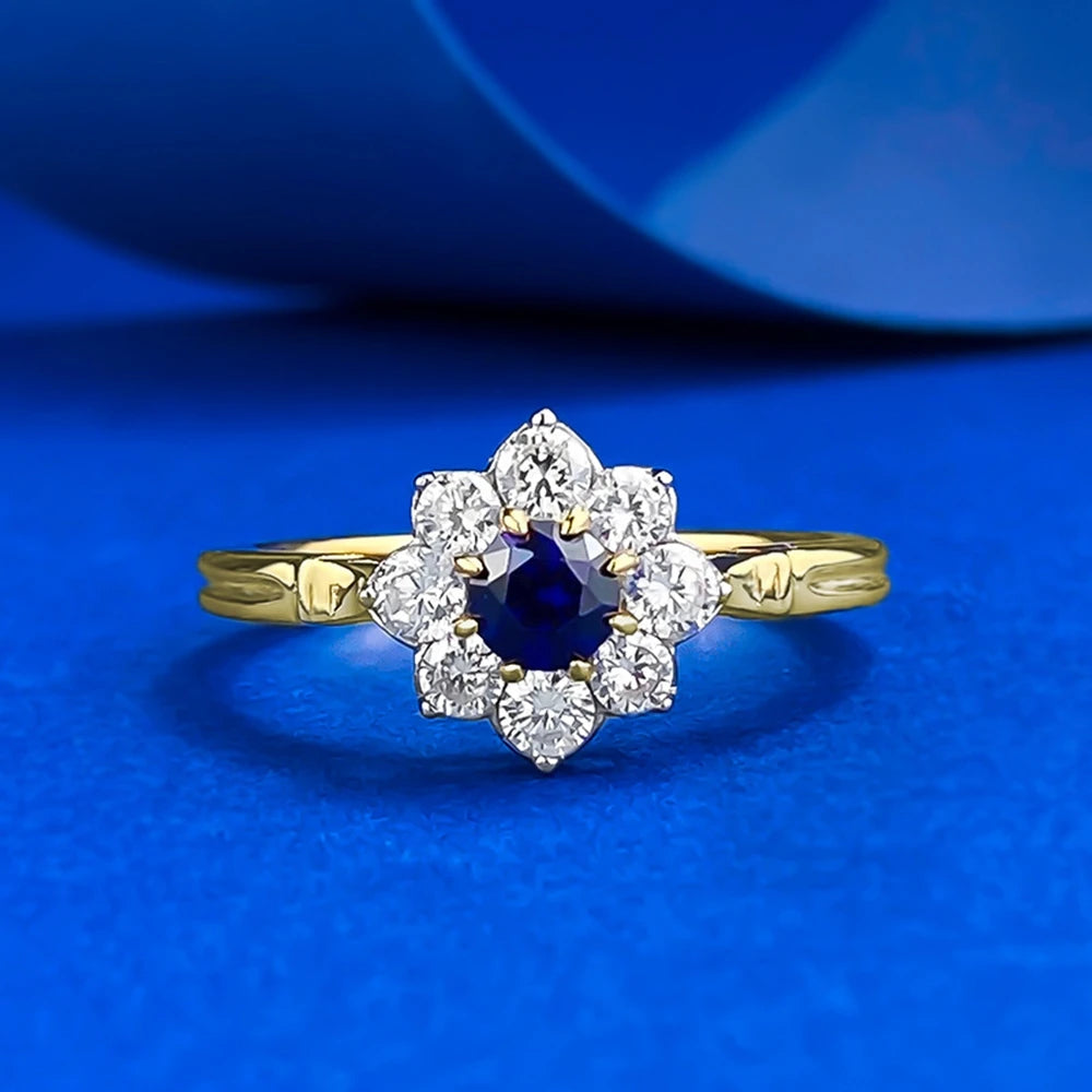 Wong Rain Solid 925 Sterling Silver Round Cut 4 MM Sapphire High Carbon Diamond Gemstone Flower Rings Fine Jewelry Wholesale