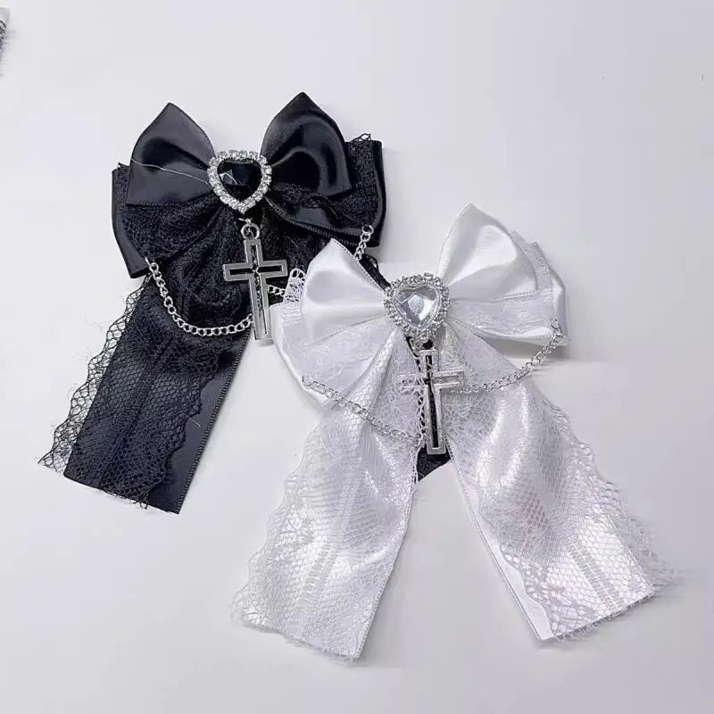 Pinzas de lazo bonitas estilo Harajuku Y2K estético Lolita con cadenas cruzadas góticas negras, azules, blancas y dulces de encaje para el pelo para niñas y mujeres