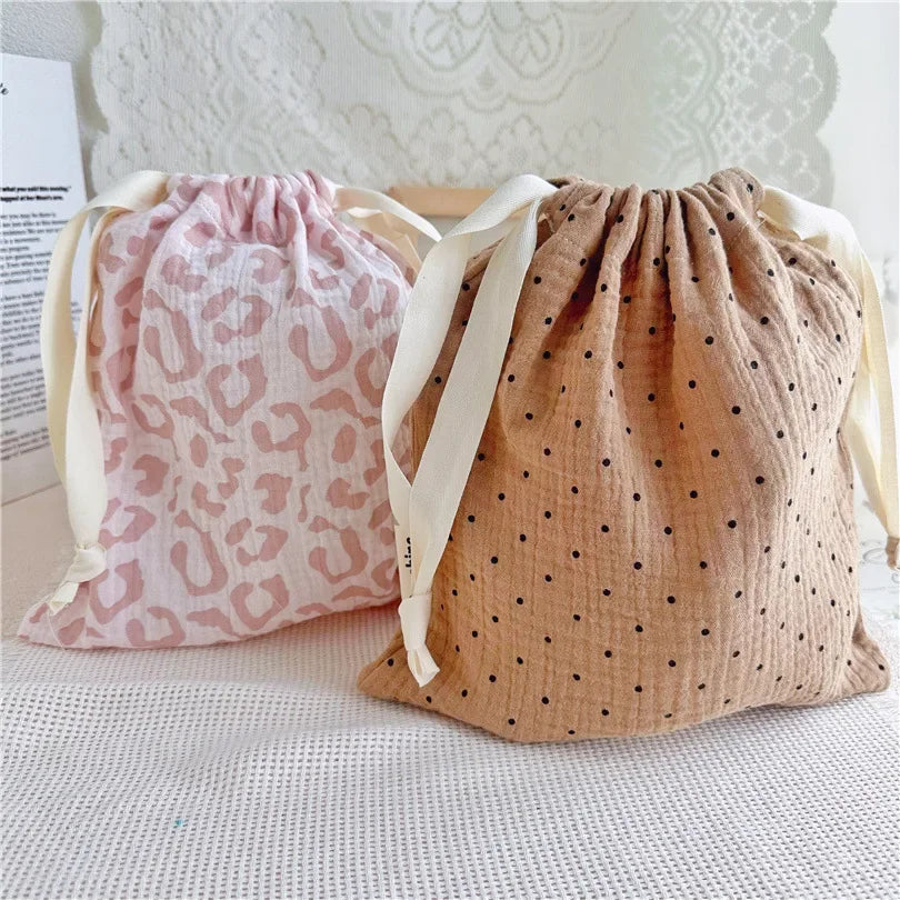 Natural Cotton Mommy Storage Bags Outdoor Baby Diaper Carrier Cute Sunshine Rainbow Printing Drawstring Pouches 27x25cm