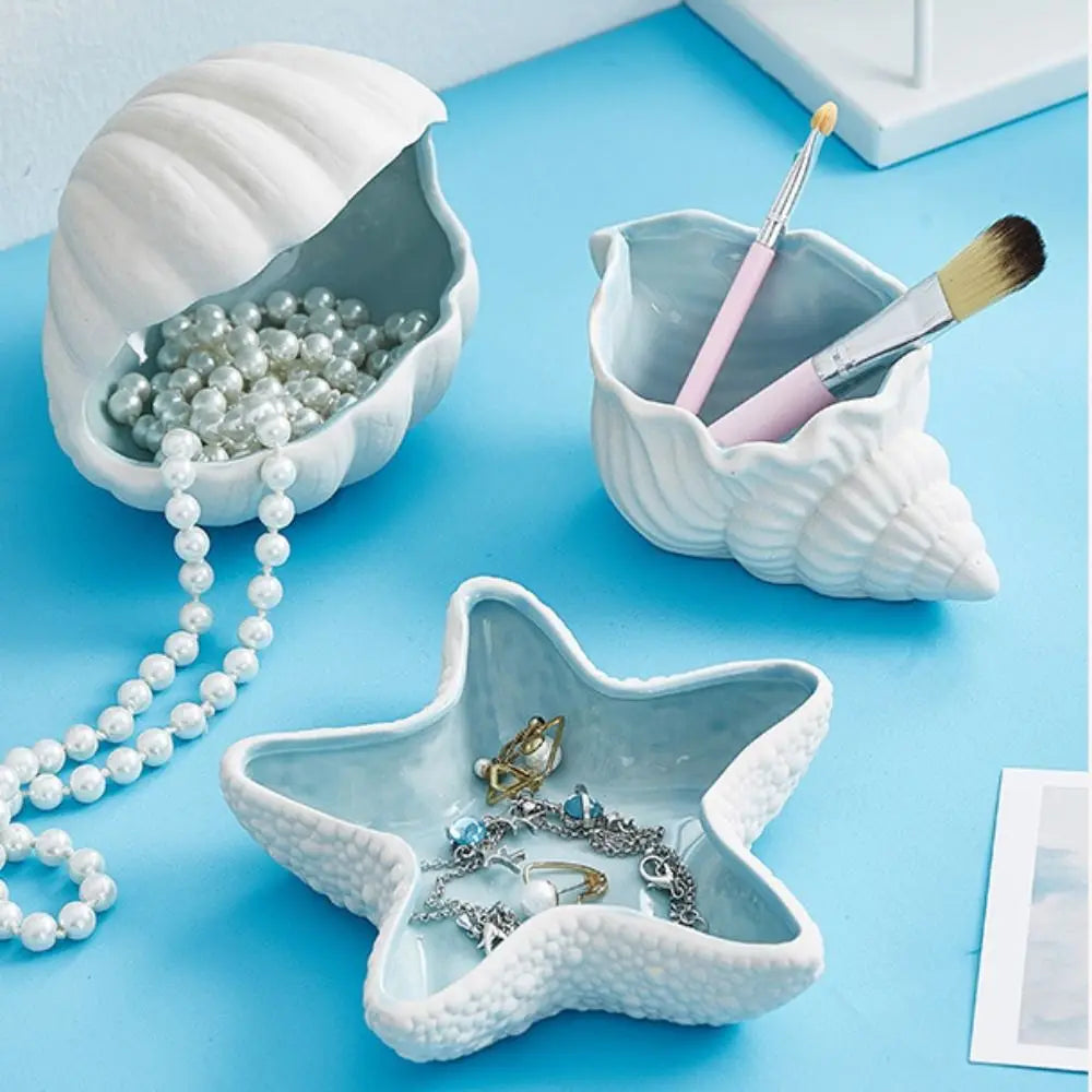 1 Pc Ceramic Starfish Shell Storage Tray Jewelry Display Tray Conch Storage Plate Earrings Ring Box Crafts Decoration