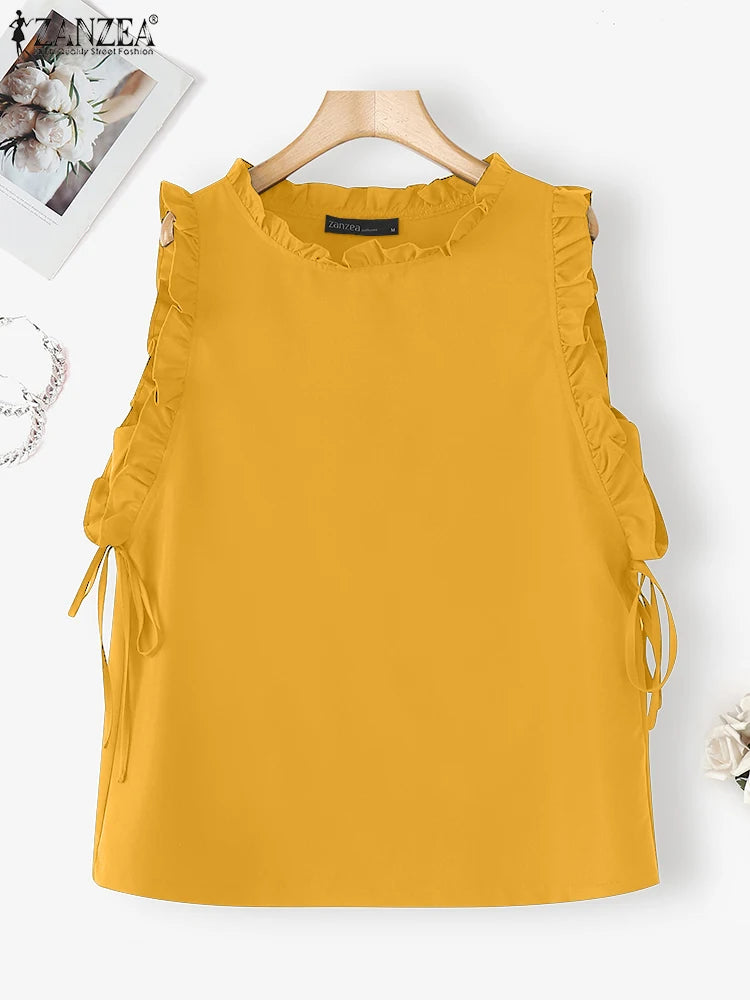 ZANZEA Women Tank Tops 2025 Summer Bandage Casual Loose Tees Sexy Sleeveless Solid Color Shirts Round Neck Ruffled Blusas Tops