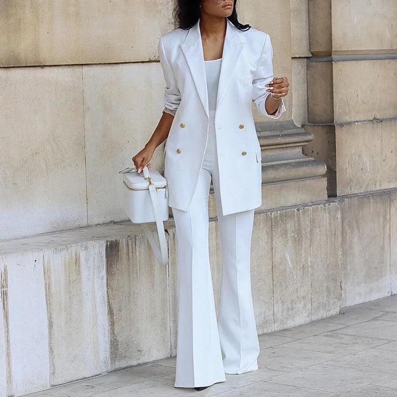 Fashion Wide-leg Trousers Women Blazer Set Autumn Winter Double-breasted Long Suit Coat Trousers Female Suit Office 2-piece Set