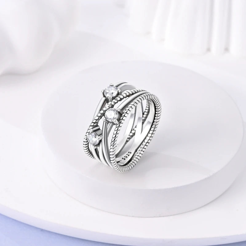 925 Sterling Silver Ring Shiny Sun Star Moon Lines Colorful Eternal Love Rings Wedding Jewelry Gift For Woman