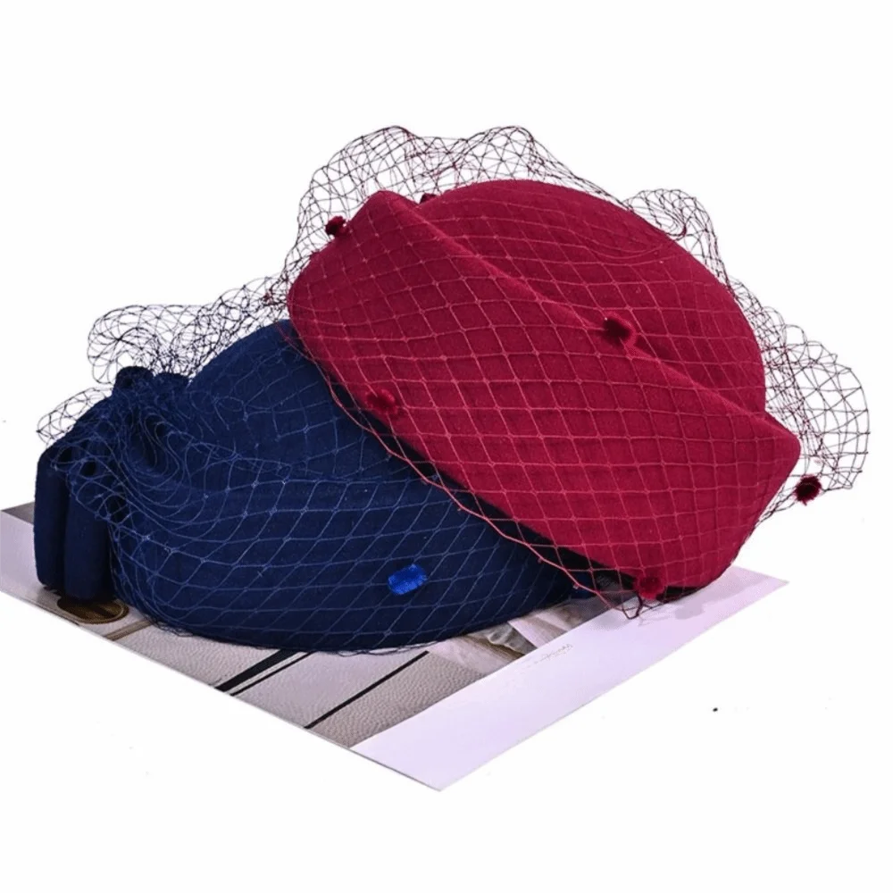 Sweet Mesh Wool Bow Hat with Veil Solid Color British Style Stewardess Cap Photography Decoration Woolen Pillbox Hat Headwear