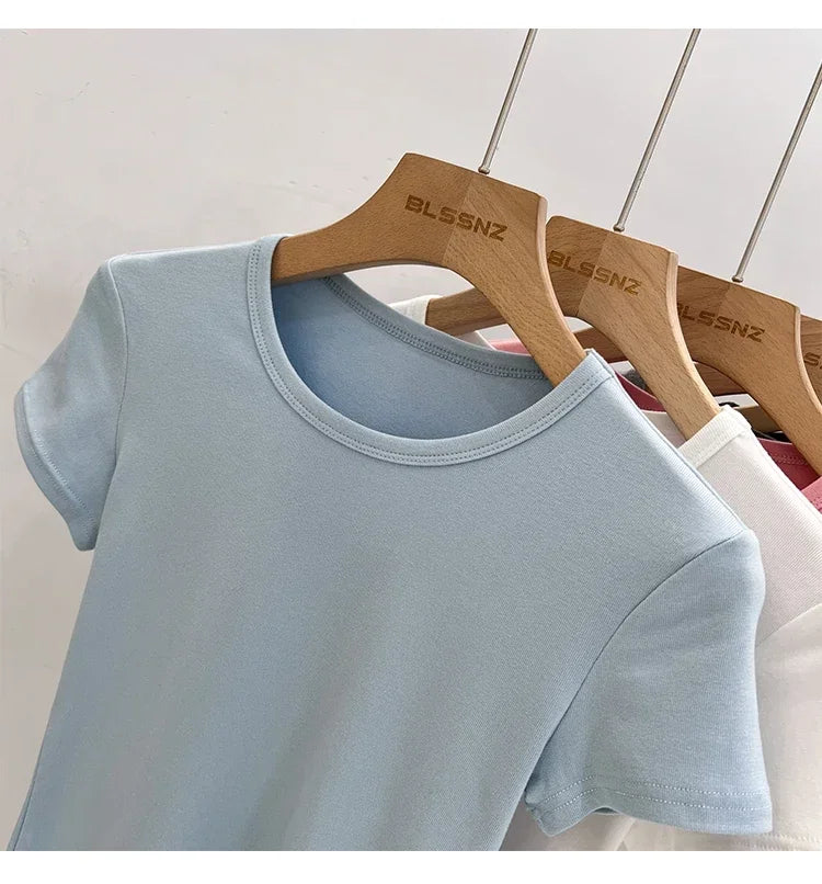 AOSSVIAO 2026 Summer White Cotton O Neck T-shirt Student Short Sleeve Versatile Tops Solid Slim Fit T Shirts Y2k Tee