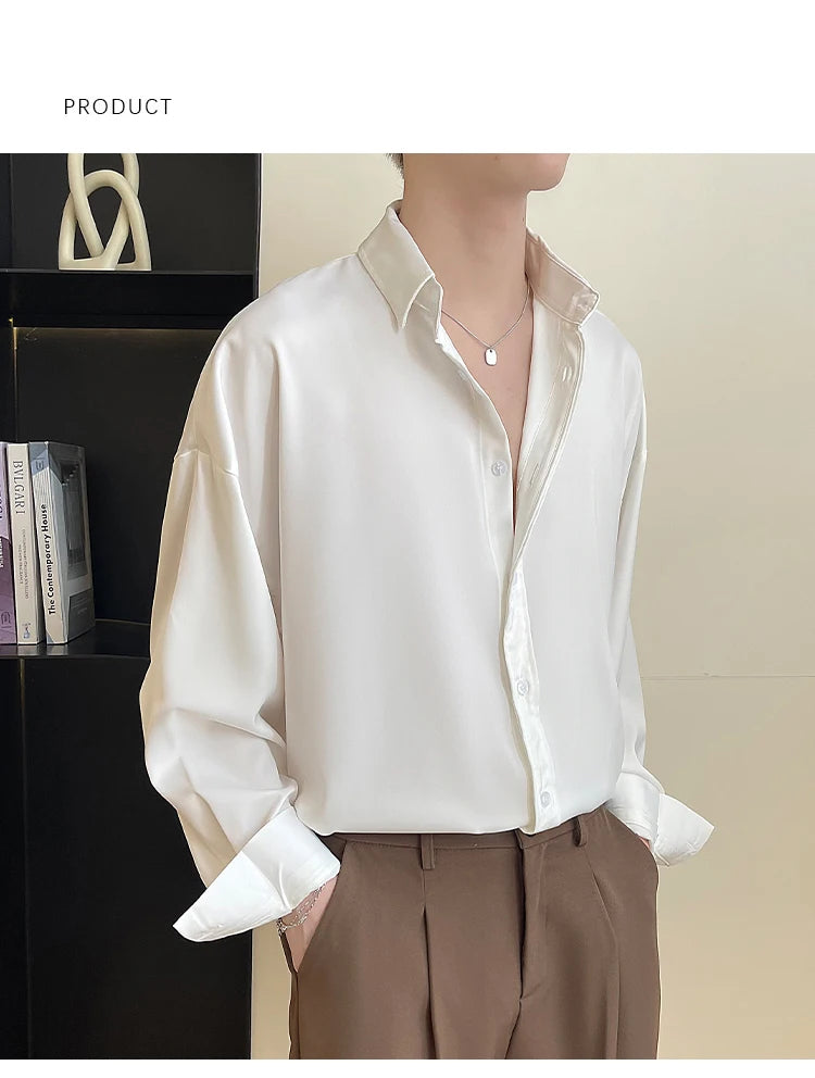 White Long Sleeved Shirt Men Oversized Fashion Social Mens Dress Shirt Korean Loose Ice Silk Shirt Mens Office Formal Shirts