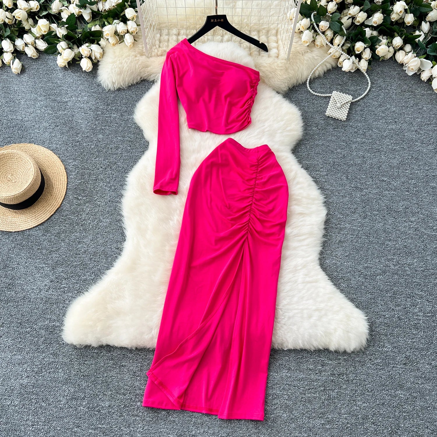 Chic Two-piece Sets One Shoulder Long Sleeve Diagonal Collar Blouse Basics High Waist Split Skirt High Street Vintage Clothing