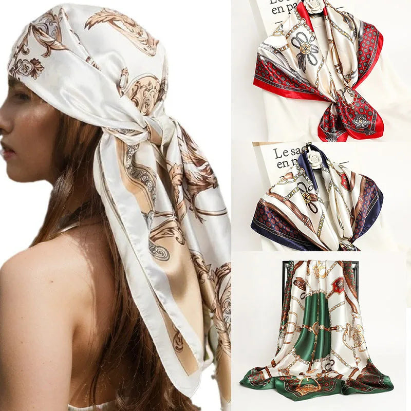 90*90CM Damen-Halstuch für den Kopf, Seidenkopftuch, Foulard aus Satin, Halstuch, Luxuriöser Seidenschal für die Handtasche, SJ02