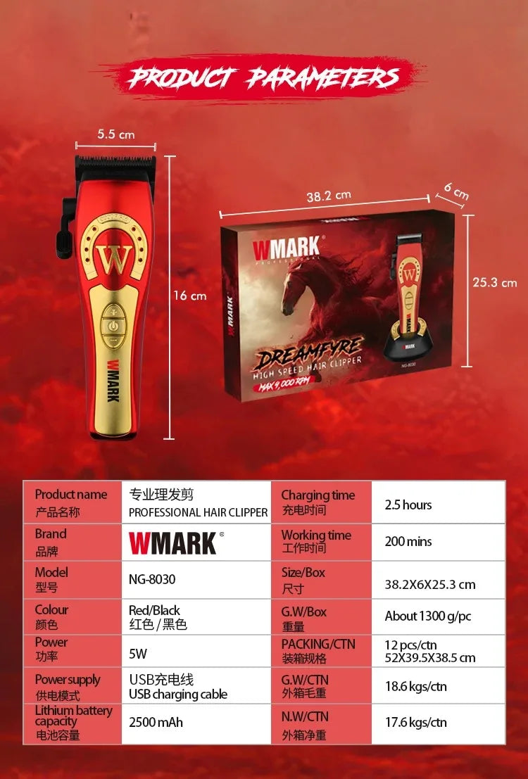 WMARK Hair Trimmer Professional Barber Clipper Cordless Hair Cutting Machine 9000 RPM Adjustable Trimmer for Men NG-8030 NG-8230