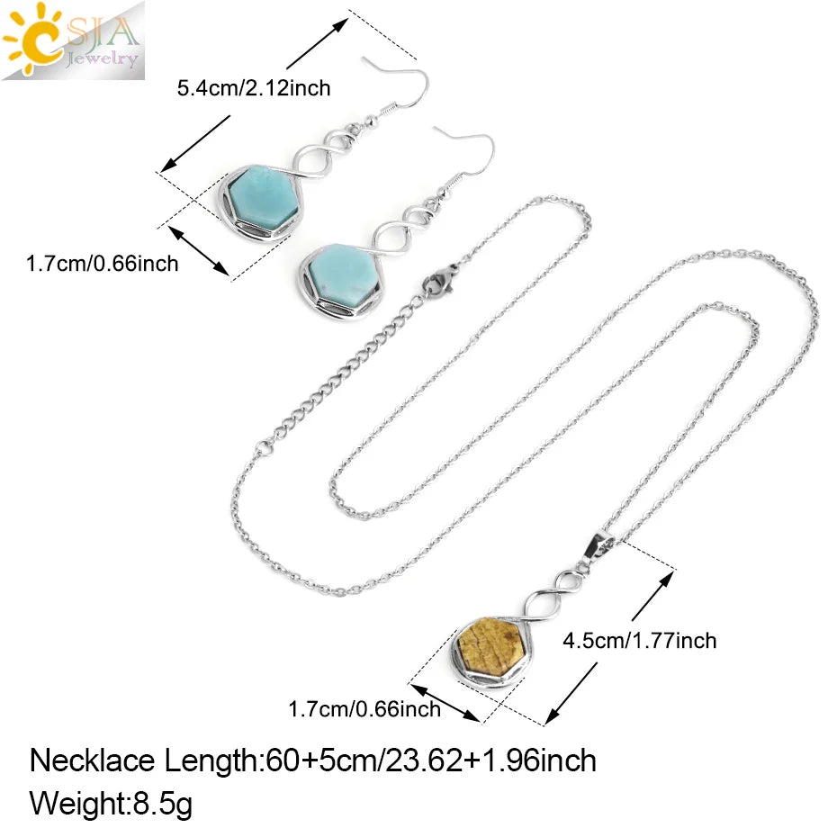CSJA Natural Stone Earring Necklace Jewelry Set for Women Hexagon Crystal Pendant Stainless Steel Chain Jewelry Accessories H577