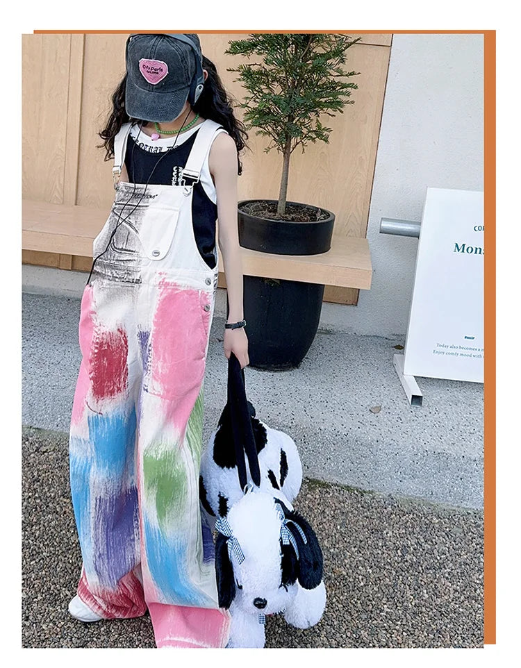 Child Stylish Denim Jumpsuit Dungarees with Drawings for Girl High Fashion Streetwear Suspender Overall Kids Colored Strap Jeans