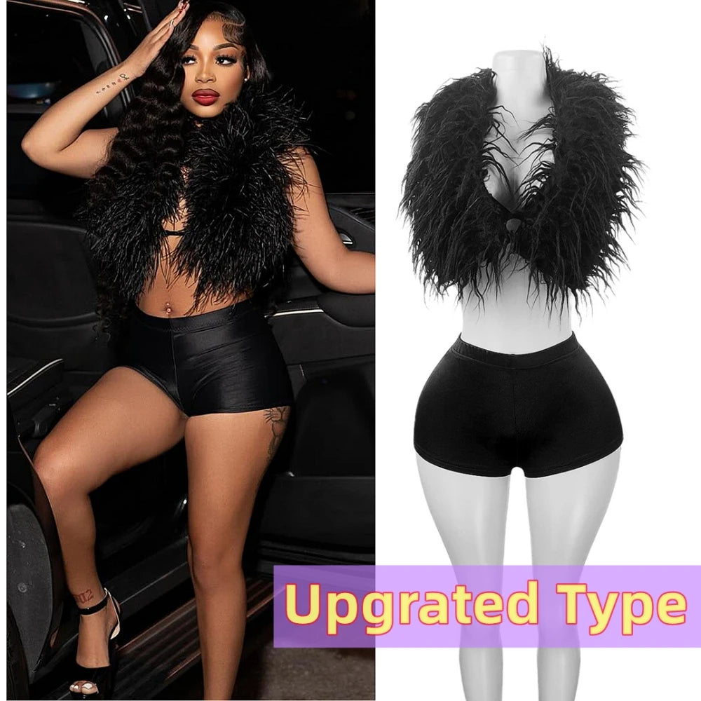 HLJ&GG Fashion Y2K Fur Hollow Out Streetwear Women Sleeveless Slim Crop Top And Shorts Outfits Female Trend 2pcs Outfits 2025