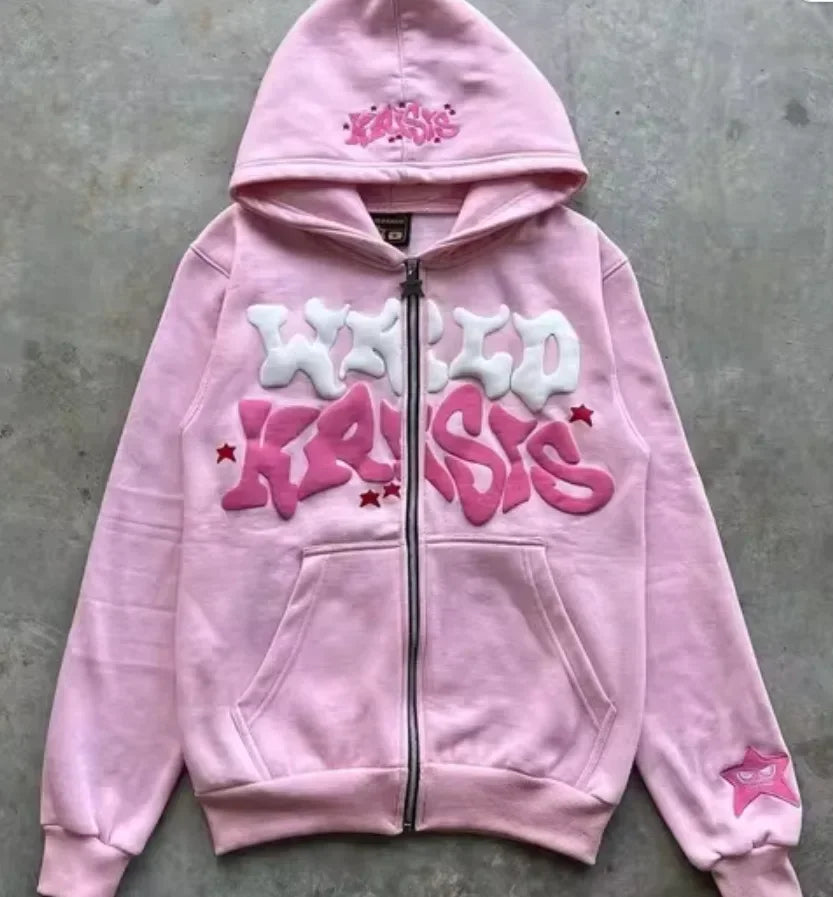 Zipper hooded sweatshirt with retro American letters suitable for men and women wearing Y2K jacket autumn/winter cardigan