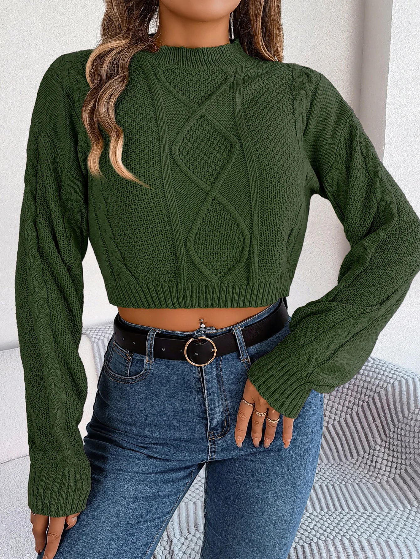 Autumn Winter Solid Color Round Neck Women Sweaters 2026 Casual Cable Knitted Long Sleeve Pullover Gray Army Green Red Crop Tops