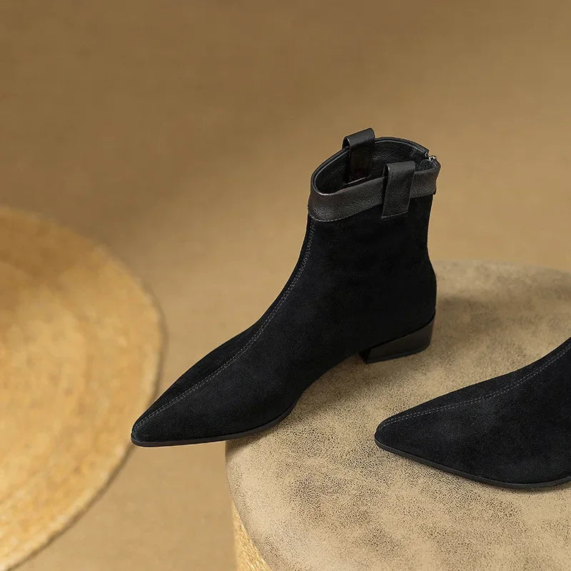 Women's Vintage Chunky Heel Ankle Boots Autumn Winter New Pointy Square Head Suede Back Zipper Soft Sole Non-slip Short Boots