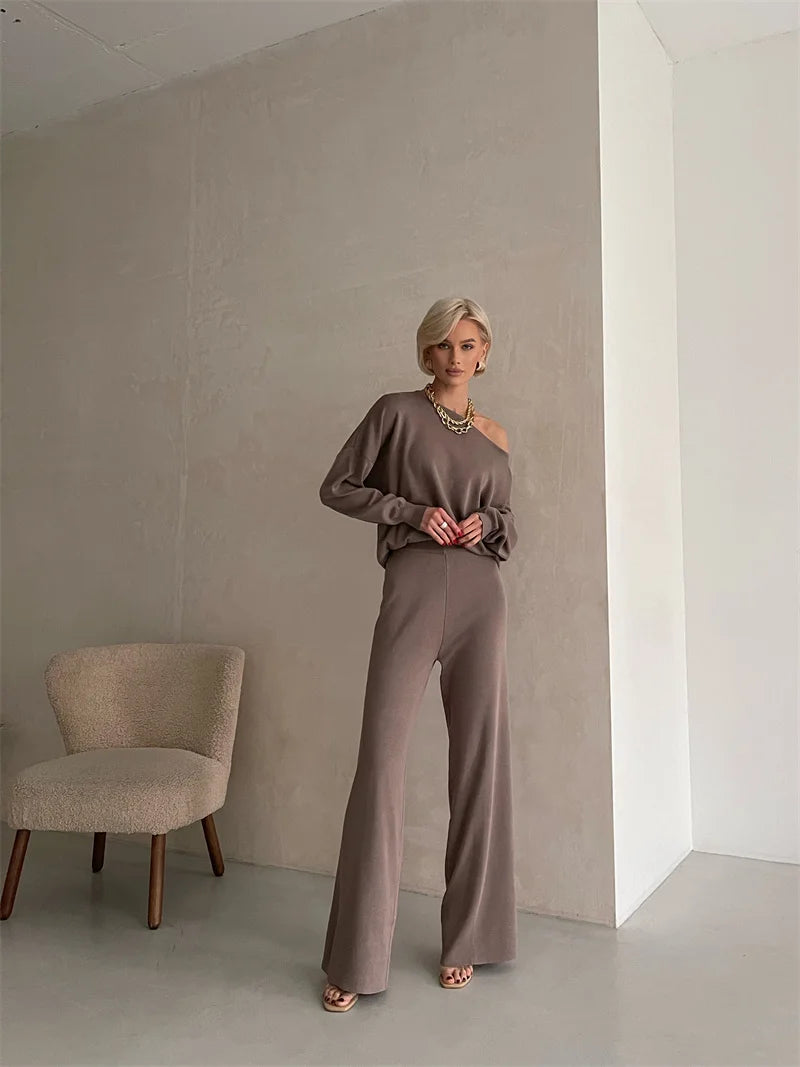 Elegant Winter Knit Pants Set Woman Sexy Loungewear 2 Piece Sweater Matching Sets Women Casual Knitted Two Piece Sets Women 2024