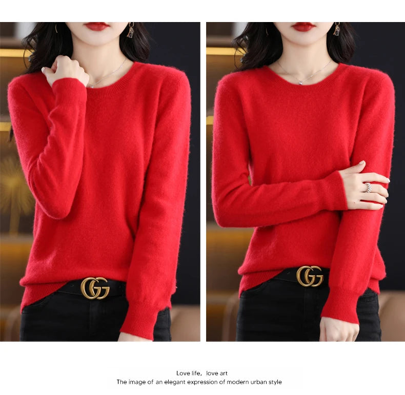 Women 100% Merino Wool Sweater O-Neck Long Sleeve Cashmere Knitwear Pullover Aliselect Fashion Autumn Winter Clothing Tops