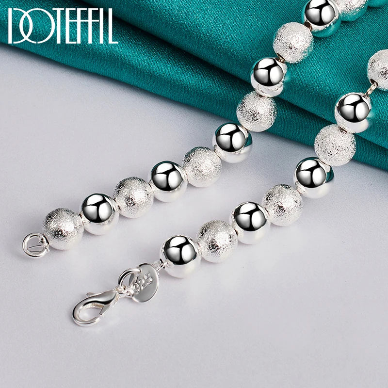 DOTEFFIL 925 Sterling Silver Matte Smooth 8mm Bead Necklace Bracelet Set For Woman Wedding Engagement Fashion Charm Jewelry