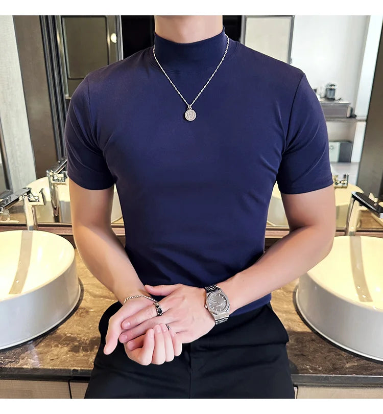 Spring Summer Men's Half High Neck Short Sleeve T-shirt Korean Slim Fit Solid Color Bottom Shirt Casual Cotton Elastic T-shirts