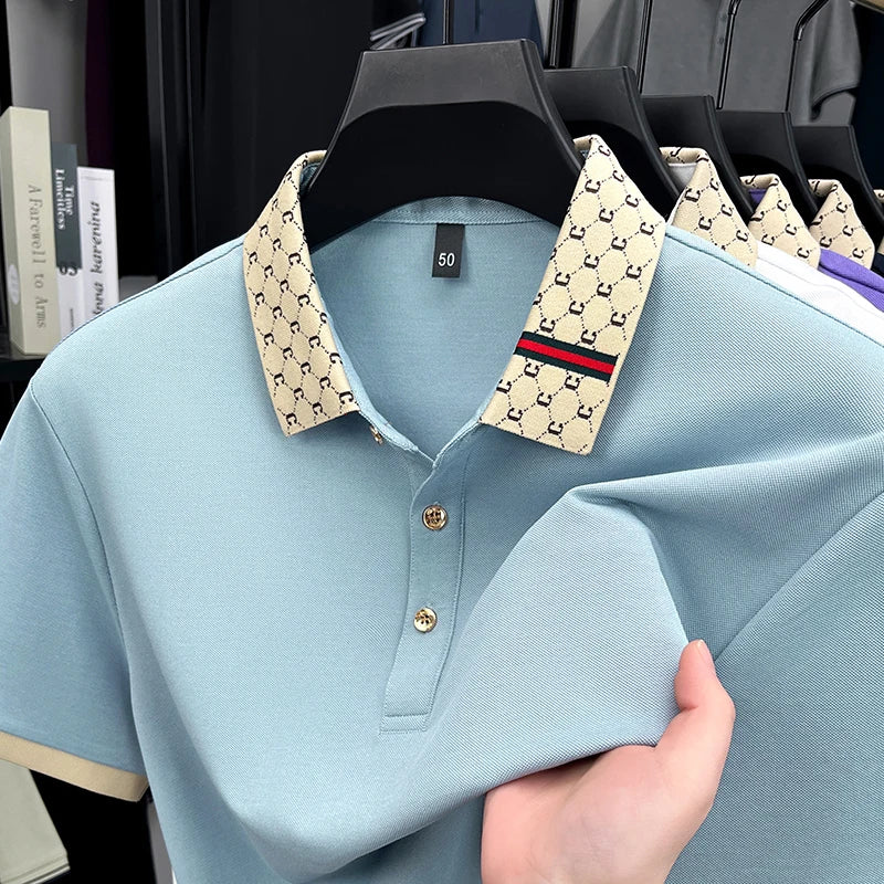 2025 Men's New Luxury High-end Jacquard Collar Lapel T-shirt Breathable Business Casual Top Suitable for Men's Spring and Summer