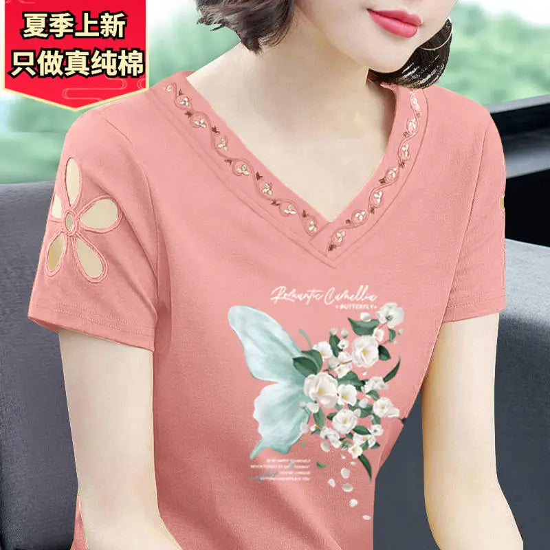 Simplicity Office Lady Summer New Pure Cotton Women's Solid V-Neck Embroidered Fashion Casual Loose Short Sleeve T-Shirts Tops
