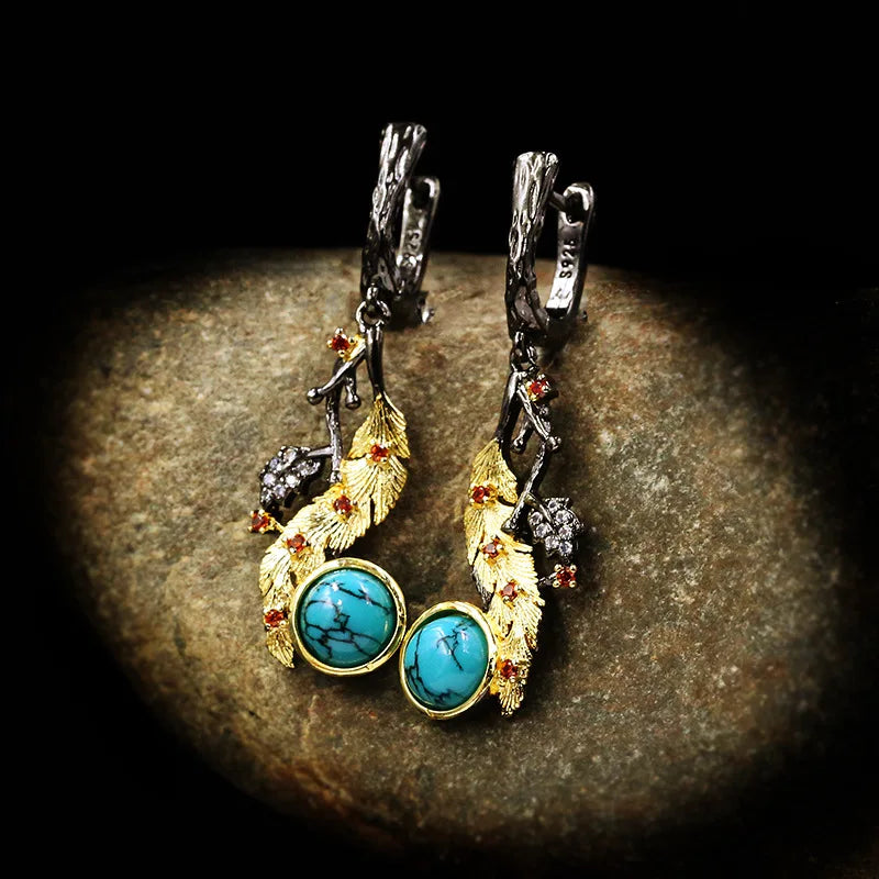Bohemian Style Ladies Turquoise Earrings 925 Silver Black Gold Jewelry Vintage Ladies Jewelry Earrings Line Up Party Earrings