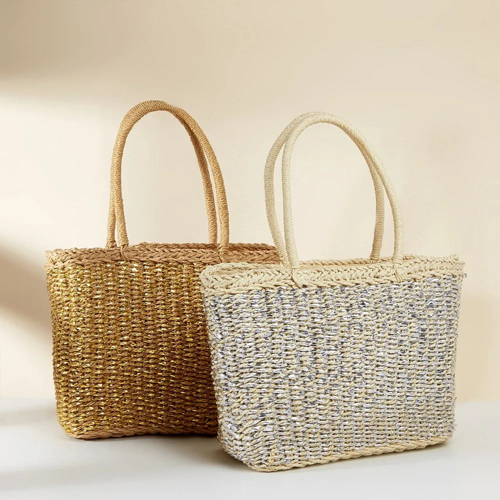Vine woven paper grass tote basket French retro square paper rope woven bag picnic blue large capacity casual diagonal
