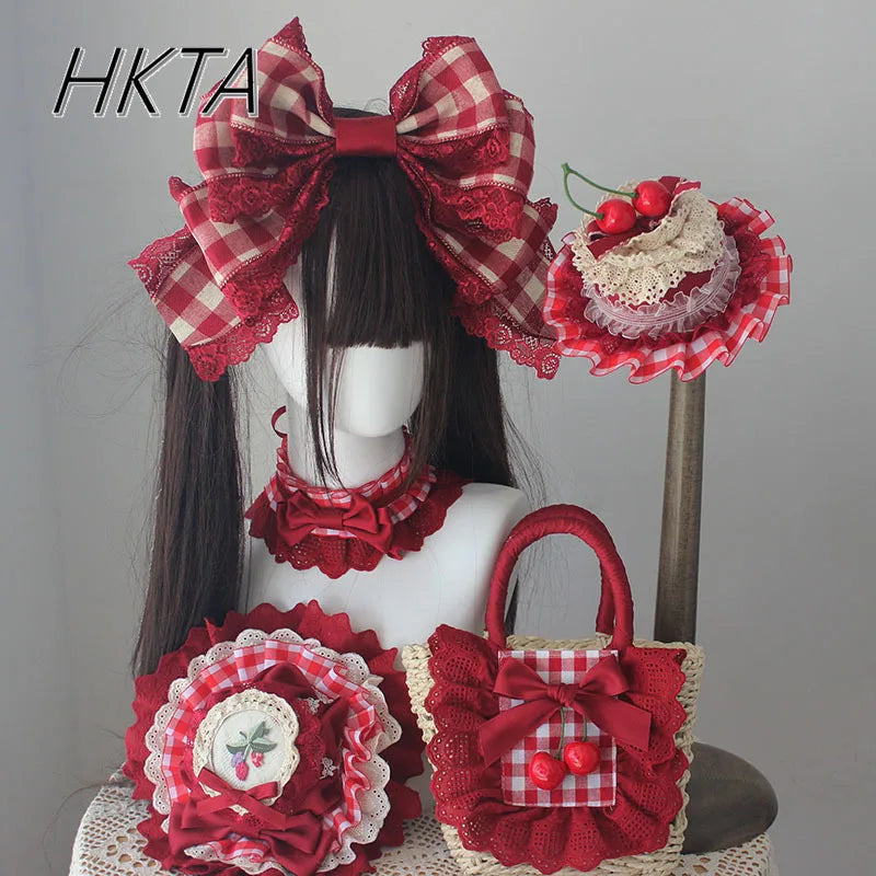 Lolita Sweet Plaid Bow Burgundy Hair Clip Hair Accessories Women Embroidery Lace Stitching Pleated Cake Top Hats Headgear Female