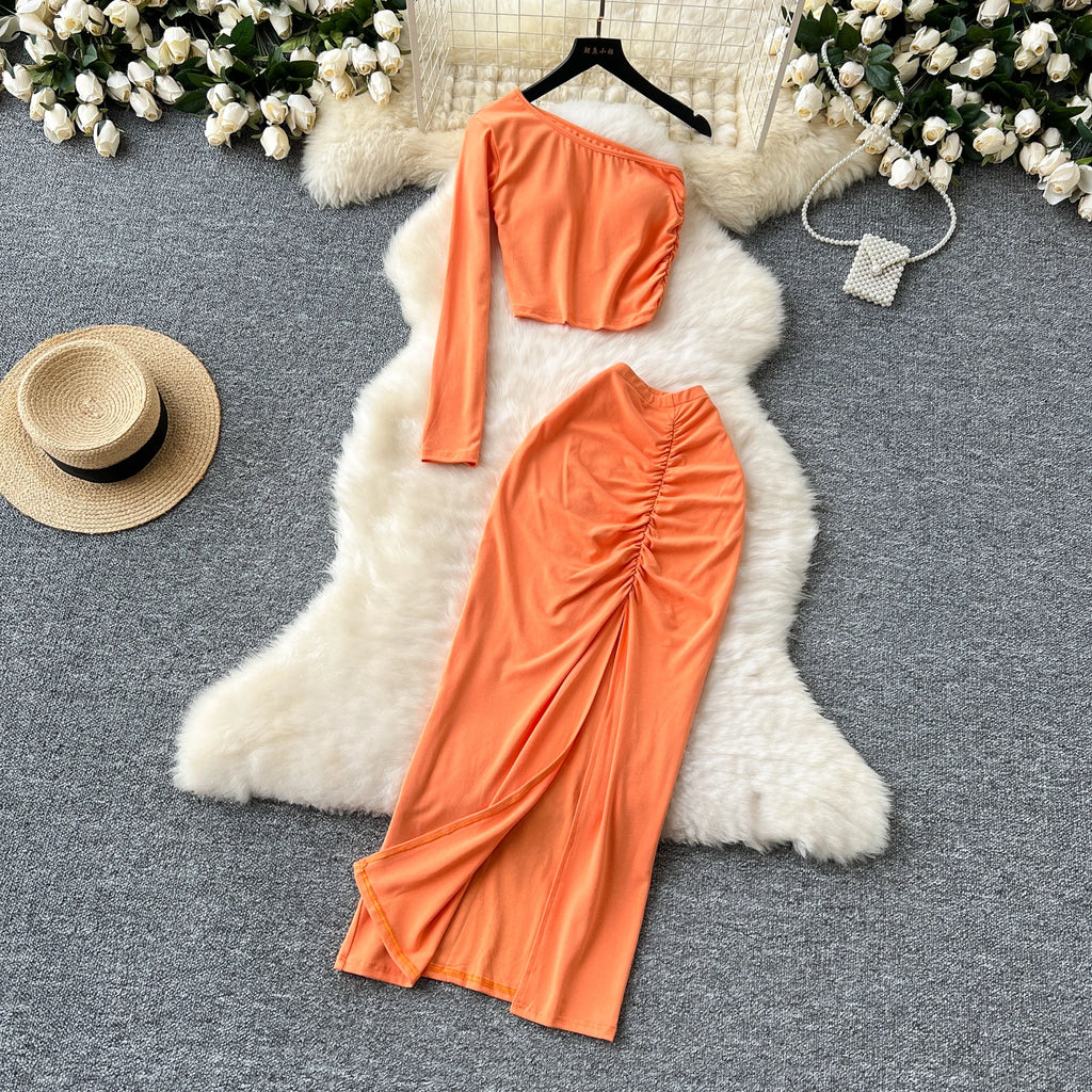 Chic Two-piece Sets One Shoulder Long Sleeve Diagonal Collar Blouse Basics High Waist Split Skirt High Street Vintage Clothing