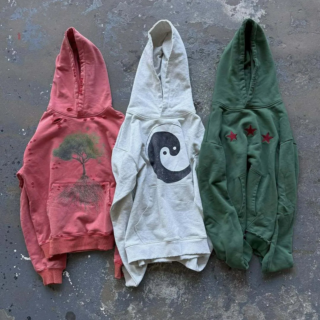 American style new loose-fitting 2025 design fashionable and casual fleece-lined, printed hoodie with featuring printed hood