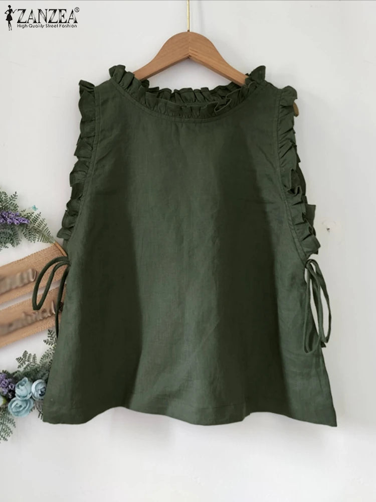 ZANZEA Women Tank Tops 2025 Summer Bandage Casual Loose Tees Sexy Sleeveless Solid Color Shirts Round Neck Ruffled Blusas Tops