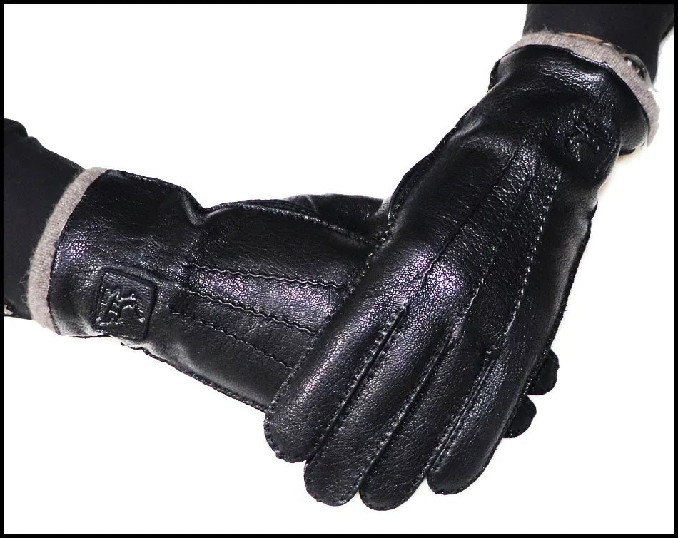 Men's and Women's High-end Buckskin Goat Leather Gloves Autumn and Winter Thin Warm Knitted Wool Lining Driving Leather Gloves