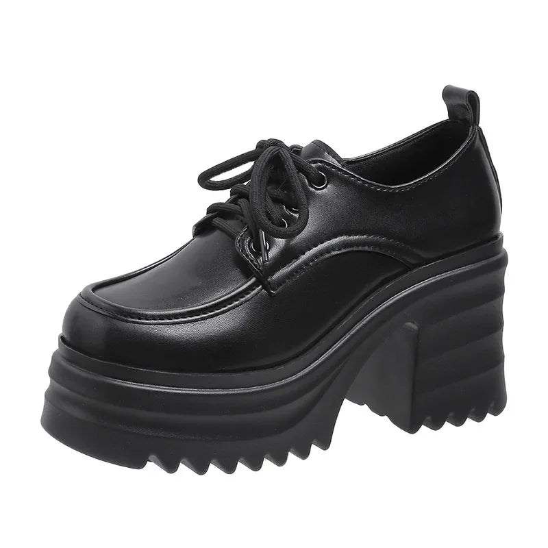 Gothic Chunky High Heels Loafers for Woman New Leather Platform Loafers Female Solid Color Thick Heeled Lolita Shoes 2024