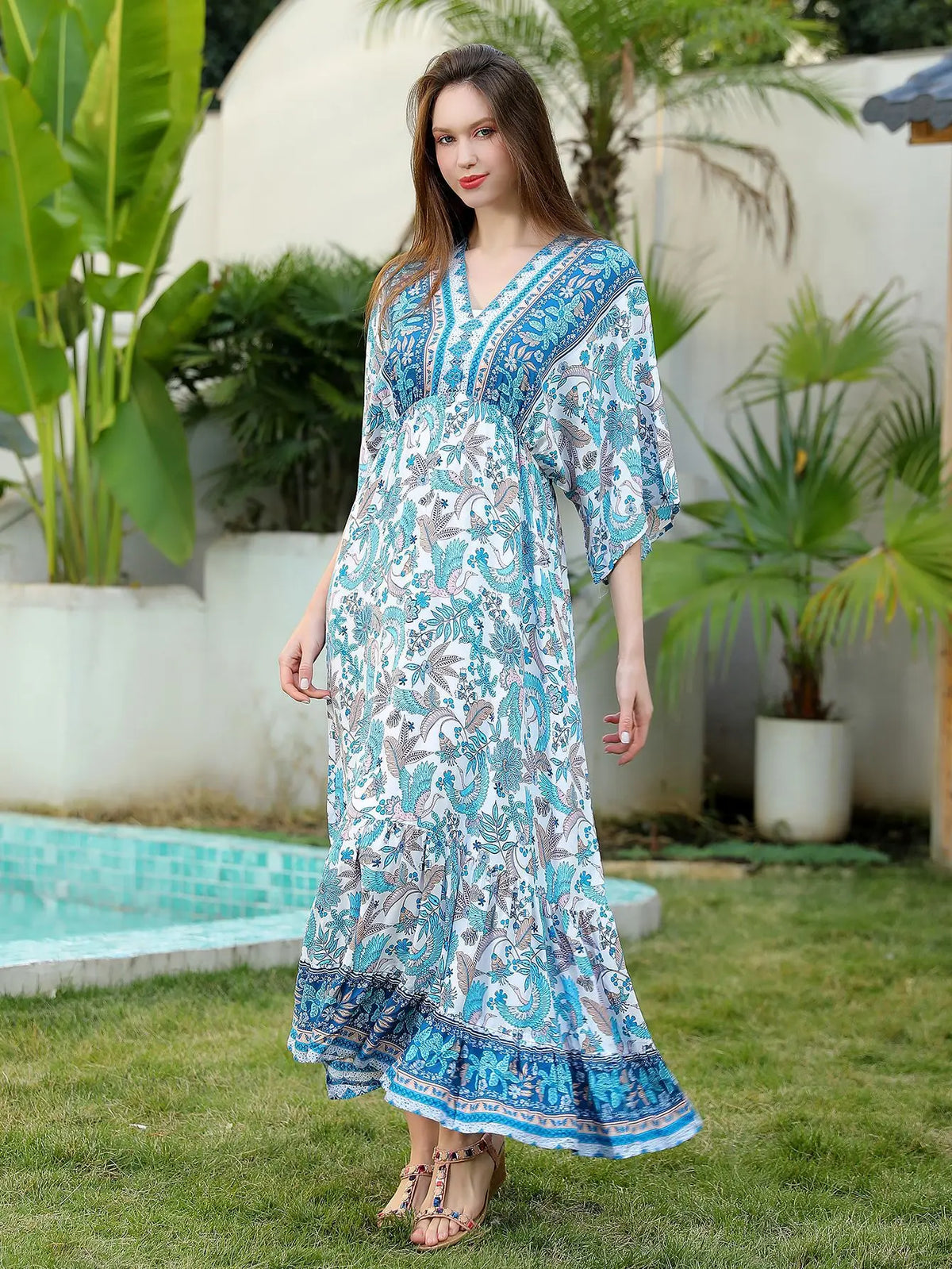 Bohemian Oversize Loose Elastic Waist Maxi Dresses Women Robe Cotton Rayon Floral Printed Long Dress Summer Boho Beach Cover up