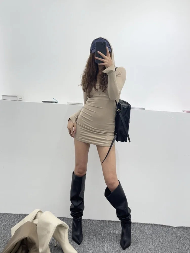 Party Modern Ladies Knee High Boots Pointed Toe Fashion Pleated Western Women Long Boots Shoes Female Pumps Heels Shoes