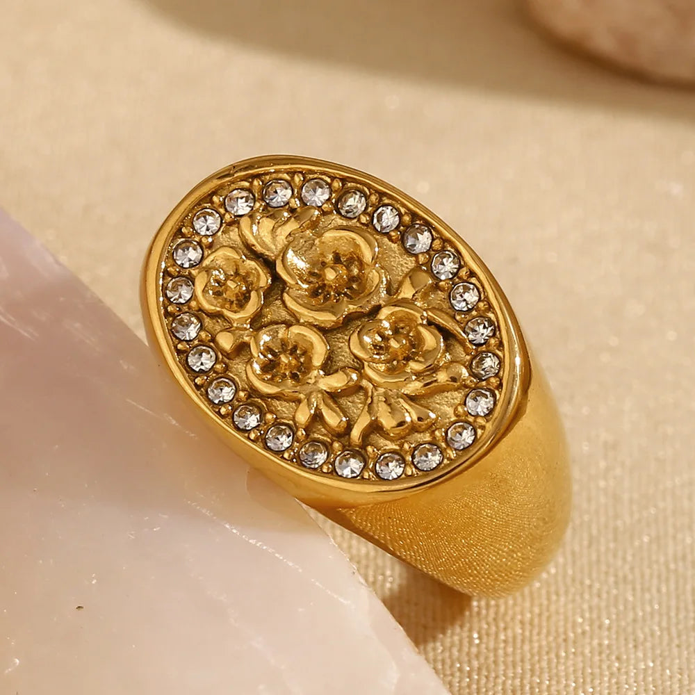 Glossisland Stainless Steel Flower Zircon Ring Plated 18k Gold Color Non Tarnish Waterproof Trendy Jewelry Ring for Women Gifts