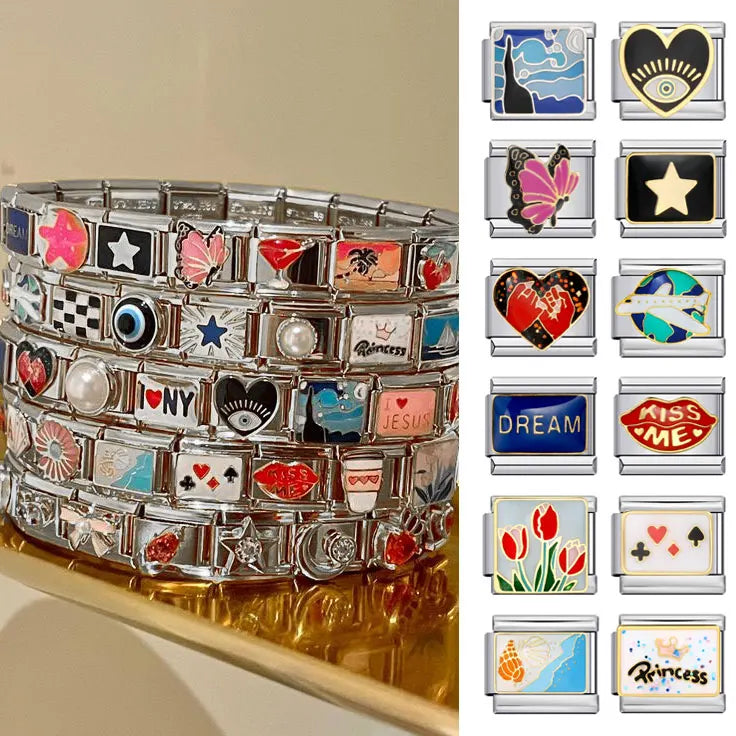 Evil Eye Kiss Poker DREAM Star Personalized DIY Colorful Italian Charm Bracelet Fit 9mm Stainless Steel Bracelet Jewelry Gift