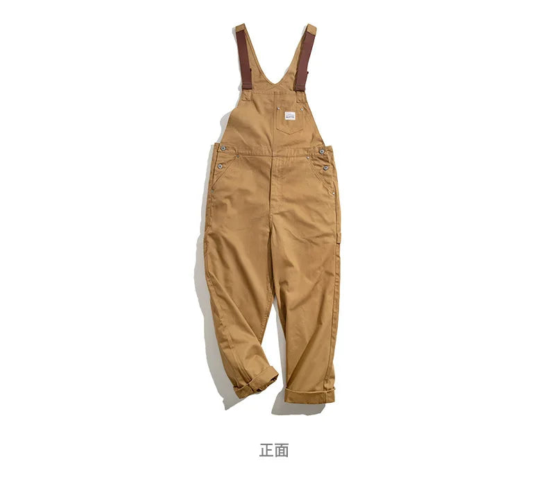 Japanese Vintage Khaki Suspenders Bibs Spring Autumn Canvas Cargo Pants Streetwear Men Rompers Full Length Trousers Jumpsuits