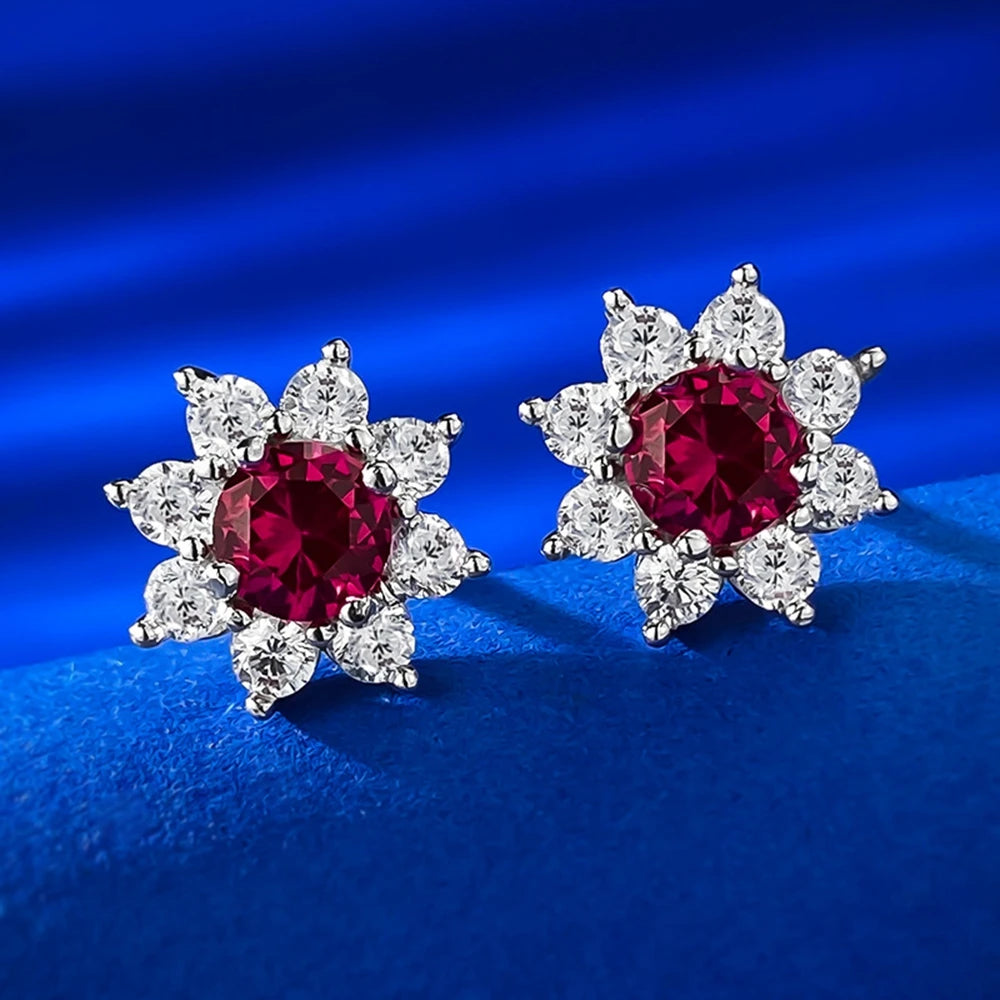 Wong Rain 100% 925 Sterling Silver Round Cut Ruby High Carbon Diamond Gemstone Flower Ear Studs Earrings Jewelry Wholesale