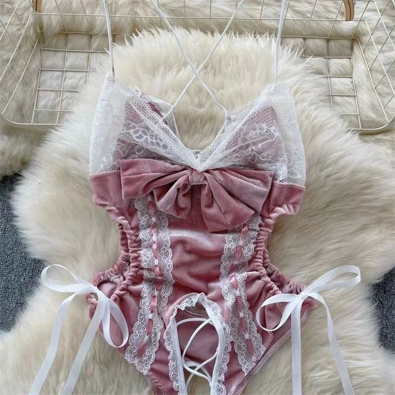 Sexy Cute Sweet Lace Backless Jumpsuit Women Slim Fit Bodysuit Girl Strap Bow knot Cosplay Hot Sweet Bow Ribbon Lingerie Dress